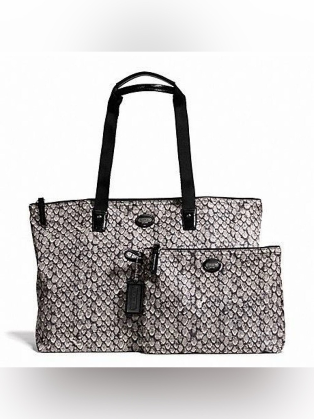 Coach F77461 Getaway Snake Print Packable Weekender & Pouch Bag Silver/Gunmetal